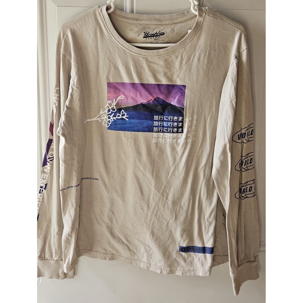 Brooklyn Cloth Mens Graphic Long Sleeve Shirt Medium Beige Japan Travel...